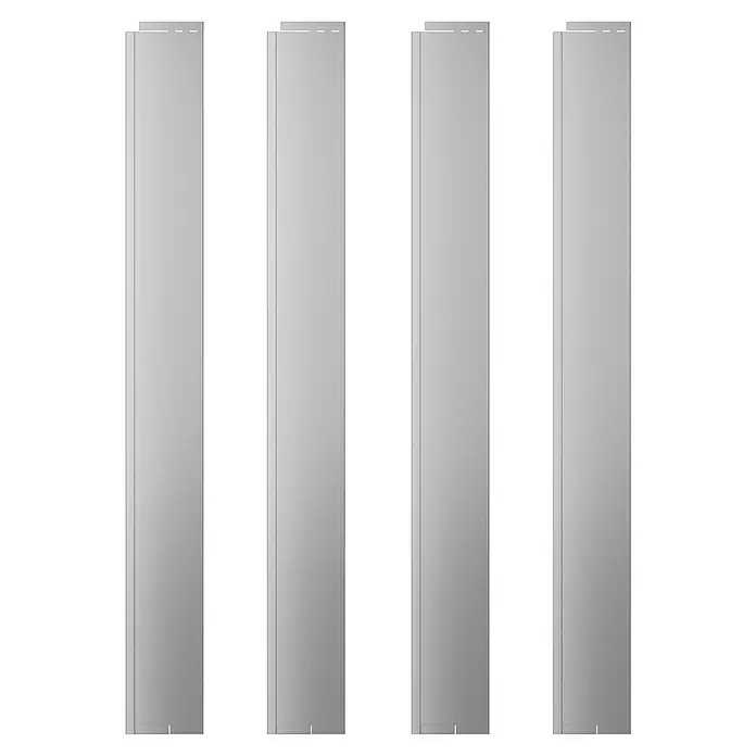 Gardol Rasenkante - 4 Stk., 118 x 13 cm, Grau - Das Bild zeigt vier schlanke, silberne Schränke vor einem dunklen Hintergrund. Sie sind minimalistisch gestaltet und wirken modern.