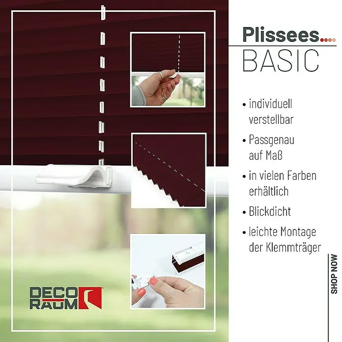 Deco-Raum Plissee ohne Bohren Basic - B x H: 45 x 150 cm, Weinrot - Das Bild zeigt ein bordeauxrotes Plissee „Basic“ mit verschiedenen Einstellmöglichkeiten und Montagevarianten. Es ist blickdicht, maßgefertigt und in vielen Farben erhältlich.