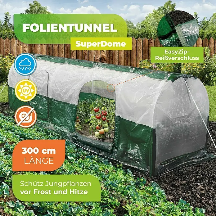 BioGreen Folientunnel Superdome - 300 x 60 cm - Folientunnel SuperDome: Schützt Jungpflanzen vor Frost und Hitze, 300 cm Länge mit EasyZip-Reißverschluss für einfachen Zugang.