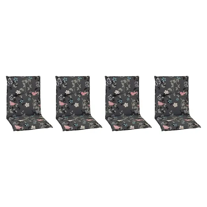 beo Gartenmöbel-Auflage Bregenz - Niederlehner, 4 Stk., L x B x H: 101 x 50 x 6 cm, Öko-Tex 100, Grau/Blumen - Bild von vier Stuhlkissen mit einem eleganten Blumenmuster in Grau, Rosa und Blau, ideal für Gartenmöbel.