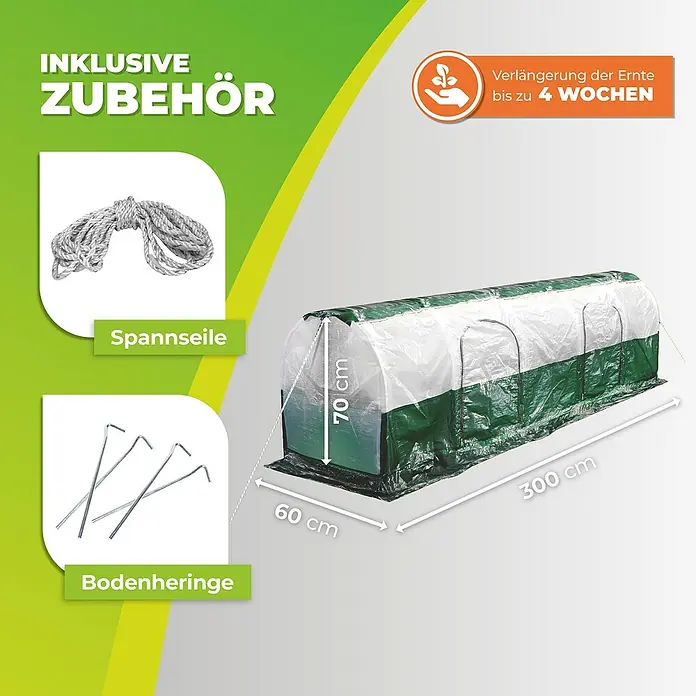 BioGreen Folientunnel Superdome - 300 x 60 cm - Abbildung eines grünen und transparenten Foliengewächshauses mit Zubehör wie Spannseilen und Heringen, mit Größenangaben.