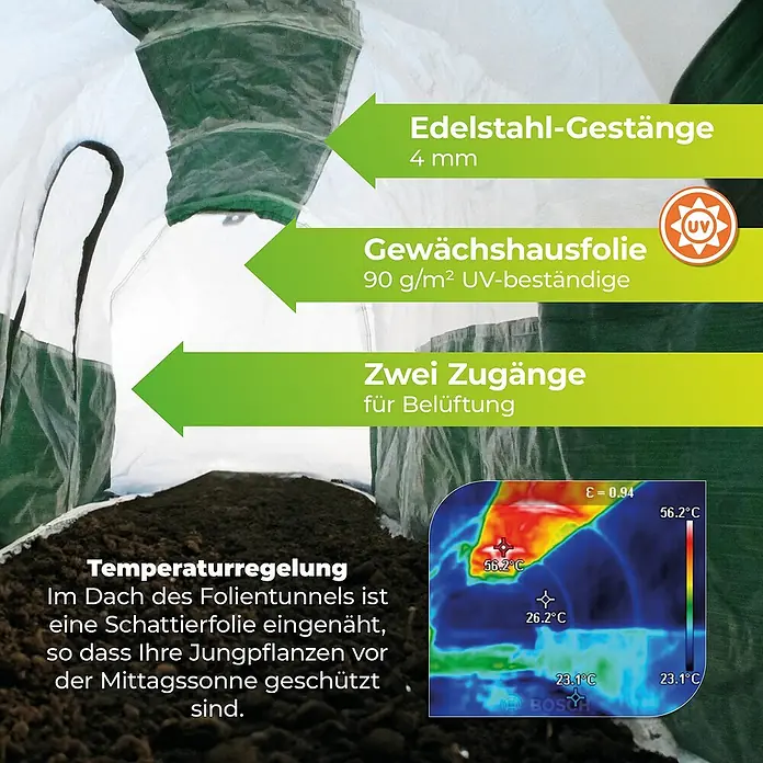 BioGreen Folientunnel Superdome - 300 x 60 cm - Produktdetailaufnahme eines Folientunnels, mit Fokus auf Material, UV-Schutz und Temperaturregelung.