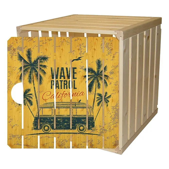 HolzZollhaus Holzkiste A 1/2 - 35 x 35 x 32 cm, Beachbus - Holzkiste mit Wave Patrol California-Design. Ideal zur Aufbewahrung oder als dekoratives Element, bringt es Strandatmosphäre in jeden Raum.