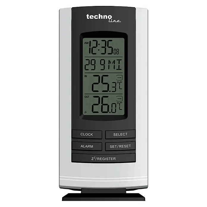 Wetterstation WS 9180 - Reichweite ca.: 30 m, Batteriebetrieben - Techno Line Wetterstation mit Anzeige von Uhrzeit, Innen- und Außentemperatur. Einfache Bedienung mit Tasten für Alarm, Uhr und Einstellungen.