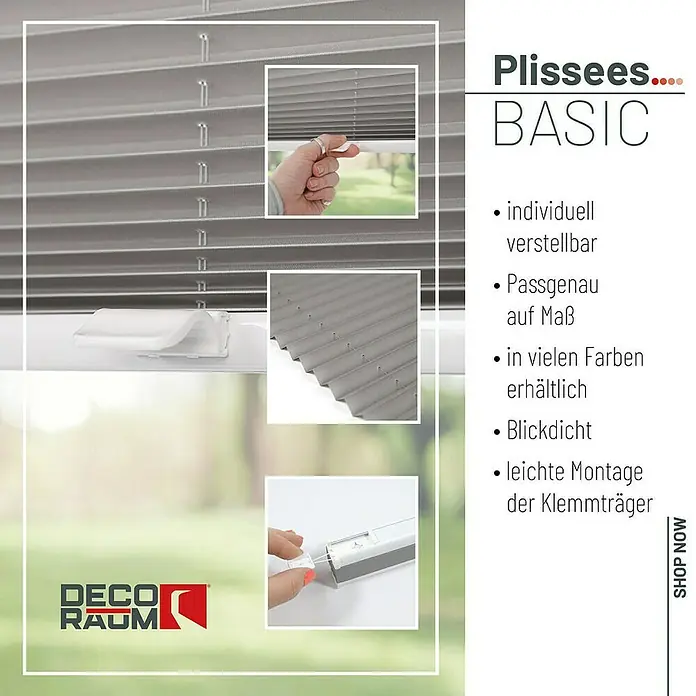 Deco-Raum Plissee ohne Bohren Basic - B x H: 120 x 150 cm, Grau - Bild von Plissees BASIC, individuell verstellbar, passgenau auf Maß, in vielen Farben erhältlich und blickdicht, einfache Montage der Klemmträger.
