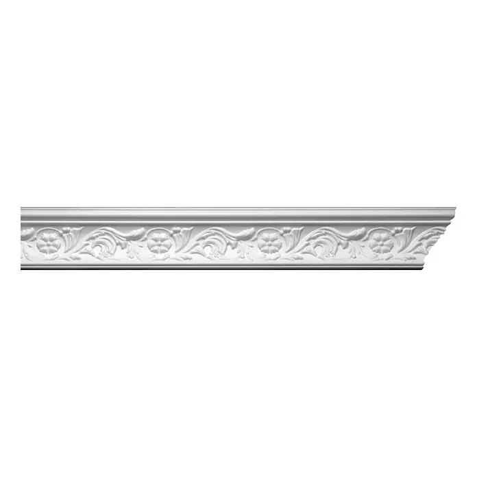 Zierprofil Prestige Anna-F - Länge: 200 m, Weiß - Detailaufnahme einer weißen Stuckrosette, die ein elegantes und dekoratives Element für die Innenausstattung darstellt.