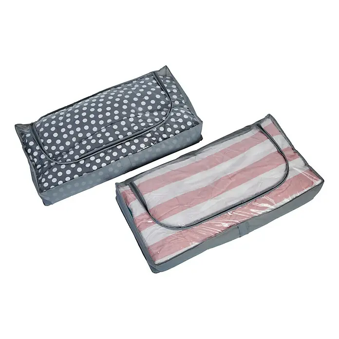 Unterbettkommoden-Set - 90 x 45 x 16 cm, 2 Stk., Polyester - Zwei Aufbewahrungsbeutel mit Reißverschluss, einer gepunktet und einer gestreift, ideal für die Organisation von Kleidung und Bettwäsche.