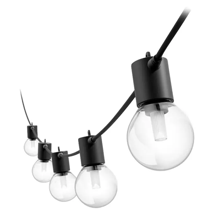 Philips Hue LED-Lichterkette Festavia Globe - 14 m, Anzahl Leuchtmittel: 20 Stk. - Eine Lichterkette mit Glühbirnen und schwarzen Fassungen. Ideal für stimmungsvolle Beleuchtung im Garten oder auf der Terrasse.