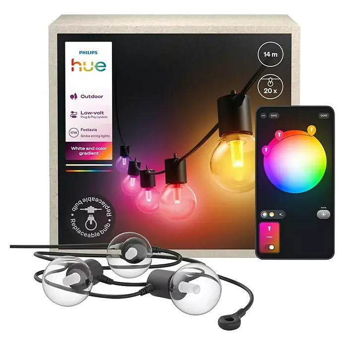 Philips Hue LED-Lichterkette Festavia Globe - 14 m, Anzahl Leuchtmittel: 20 Stk. - Das Philips Hue Festavia Lichterketten-Set für den Außenbereich mit 14 Metern Länge und 20 Leuchten, steuerbar per App mit Farbwechsel.