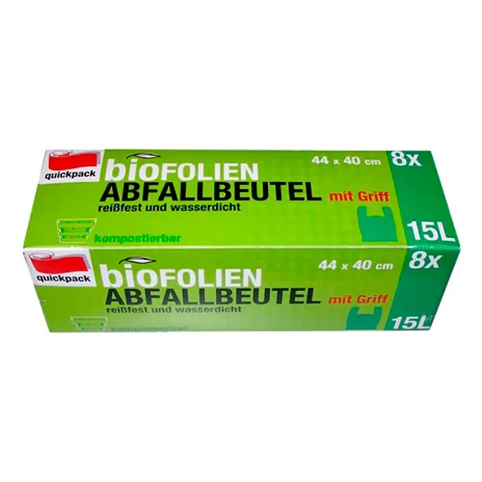 Quickpack Müllbeutel Abfallbeutel bioFOLIEN - Fassungsvermögen: 15 l, 8 Stk. - Zwei Packungen Biofolien Abfallbeutel mit Griff, reißfest und wasserdicht, kompostierbar, Größe 44x40cm, 8 Stück, 15 Liter.