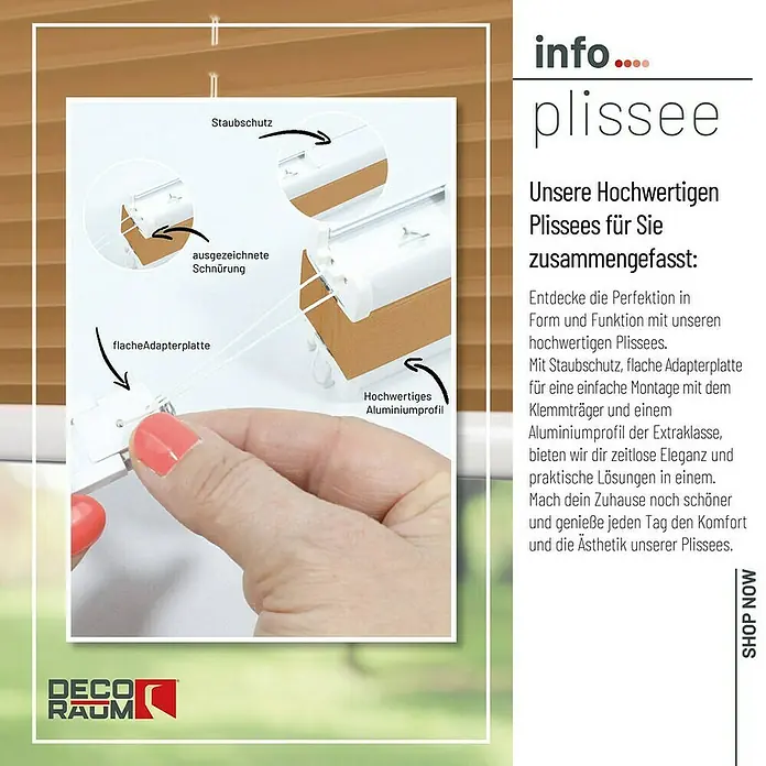 Deco-Raum Plissee ohne Bohren Basic - B x H: 85 x 150 cm, Cappuccino - Detailaufnahme eines hochwertigen Plissees mit Staubschutz, flacher Adapterplatte und Aluminiumprofil für einfache Montage.