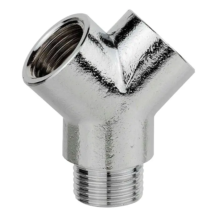 Verteilerstück - ½″, Verchromt - Ein glänzendes, Y-förmiges Rohrstück aus Chrom, mit Innengewinde an zwei Enden und Außengewinde am dritten Ende, für Sanitärinstallationen.