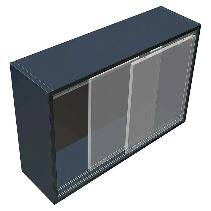 Hettich Laufschiene TopLine 2 Komplettset - Länge: 2.000 mm, Traglast: 25 kg - Bild einer modernen, dunkelblauen Vitrine mit Glasschiebetüren, die einen Einblick auf den Inhalt gewährt. Ideal für die stilvolle Präsentation.