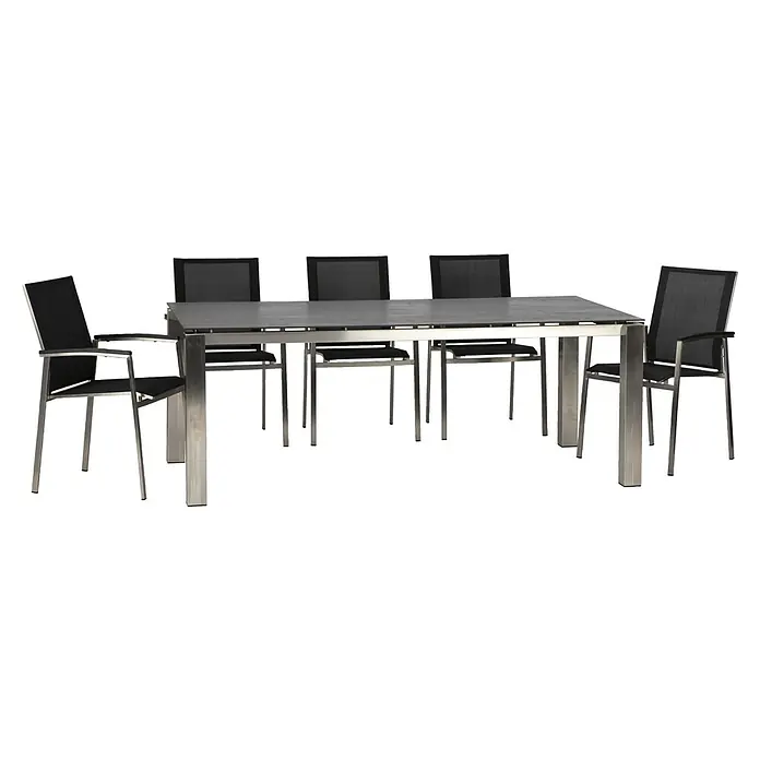Acamp Gartenmöbel-Set Auris - 7 -tlg., Stapelbar, Silber/Schwarz - Eine moderne Esstischgarnitur mit einem Esstisch und passenden Stühlen. Das Set besticht durch sein schlankes Design.