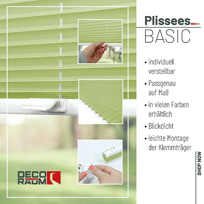 Deco-Raum Plissee ohne Bohren Basic - B x H: 100 x 150 cm, Hellgrün - Bild von grünen "Basic" Plissees, die individuell verstellbar und in vielen Farben erhältlich sind. Sie sind blickdicht und leicht zu montieren.
