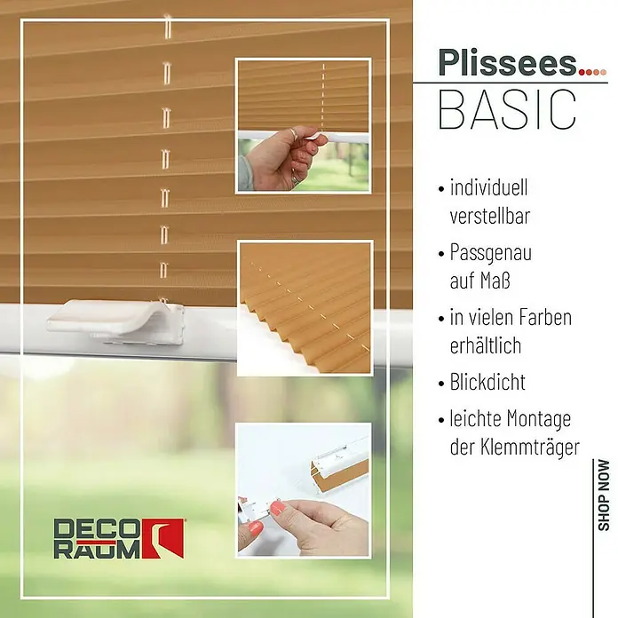 Deco-Raum Plissee ohne Bohren Basic - B x H: 75 x 210 cm, Cappuccino - Produktbild von Plissees Basic, die individuell verstellbar sind und in vielen Farben erhältlich. Einfache Montage der Klemmträger.