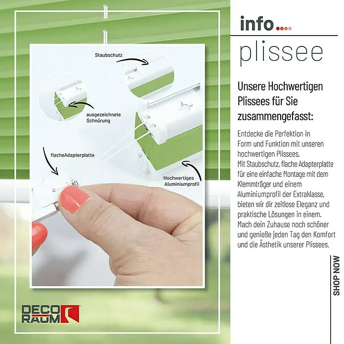 Deco-Raum Plissee ohne Bohren Basic - B x H: 105 x 150 cm, Grün - Hochwertiges Plissee im Detail: Staubschutz, flache Adapterplatte und Aluminiumprofil für einfache Montage und zeitlose Eleganz im Zuhause.