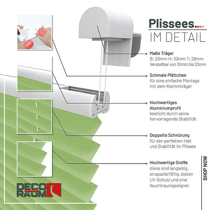 Deco-Raum Plissee ohne Bohren Basic - B x H: 105 x 150 cm, Grün - Detailaufnahme eines Plissees mit Erläuterungen zu Träger, Plättchen, Aluminiumprofil, Schnürung und Stoff, die für Halt und Stabilität sorgen.