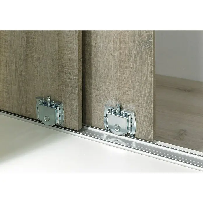 Hettich Laufschiene SlideLine 16 - Länge: 2.000 mm, Traglast: 60 kg - Nahaufnahme der Schiebetürbeschläge, die die reibungslose Funktion und das Design des Produkts hervorheben.
