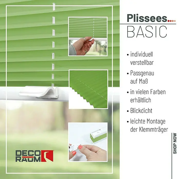 Deco-Raum Plissee ohne Bohren Basic - B x H: 105 x 150 cm, Grün - Abbildung eines grünen Basic Plissees, das individuell verstellbar und in vielen Farben erhältlich ist und eine leichte Montage ermöglicht.