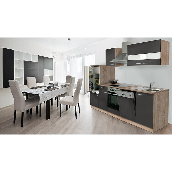 Respekta Composición de cocina (Ancho: 280 cm, Con dispositivos eléctricos, Gris)