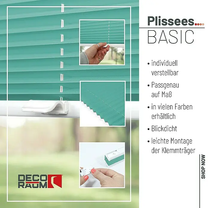 Deco-Raum Plissee ohne Bohren Basic - B x H: 45 x 150 cm, Türkis - Das Bild zeigt ein mintfarbenes Plissee "Basic" von DecoRaum, das individuell verstellbar und blickdicht ist. Leichte Montage der Klemmträger.