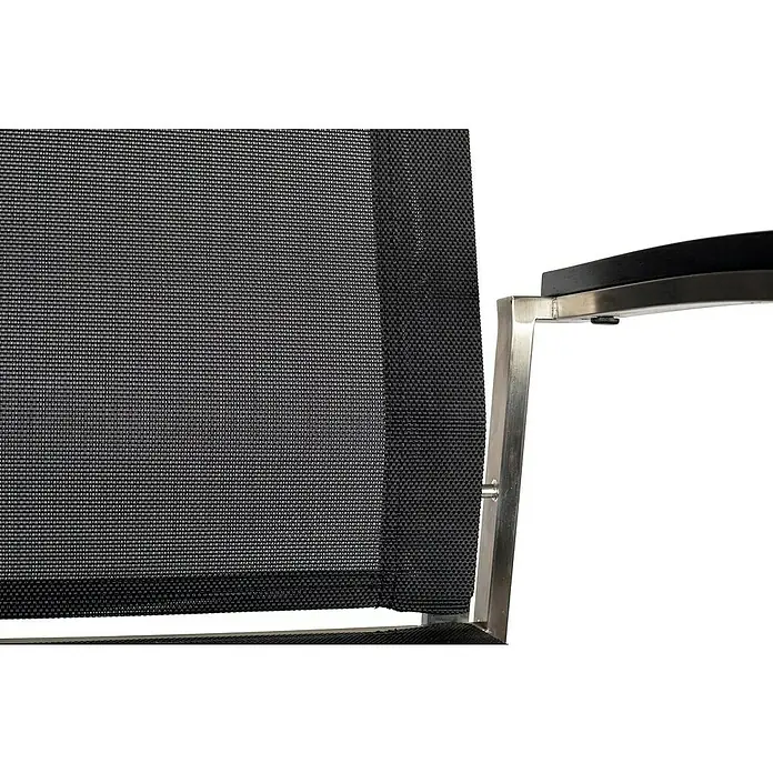 Acamp Gartenmöbel-Set Auris - 7 -tlg., Stapelbar, Silber/Schwarz - Detailaufnahme eines modernen Stuhls mit einem Netzgewebe und einem Metallrahmen. Stilvolles Design für den Innen- oder Außenbereich.
