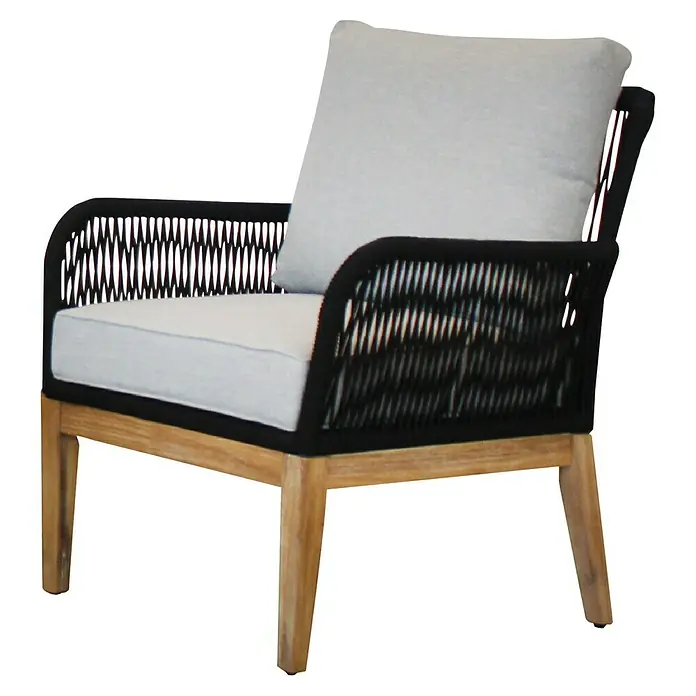 Acamp Loungemöbel-Set Mykonos - 4 -tlg., Akazie, Polyester, Grau - Bild eines Sessels mit grauen Kissen, schwarzen Armlehnen und Holzbeinen.