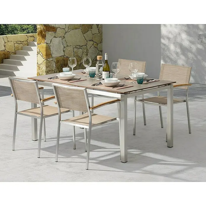 Acamp Gartenmöbel-Set Skye - 7 -tlg., Stapelbar, Silber/Braun - Eleganter Gartentisch mit vier Stühlen. Das Set besticht durch sein modernes Design und hochwertige Materialien.