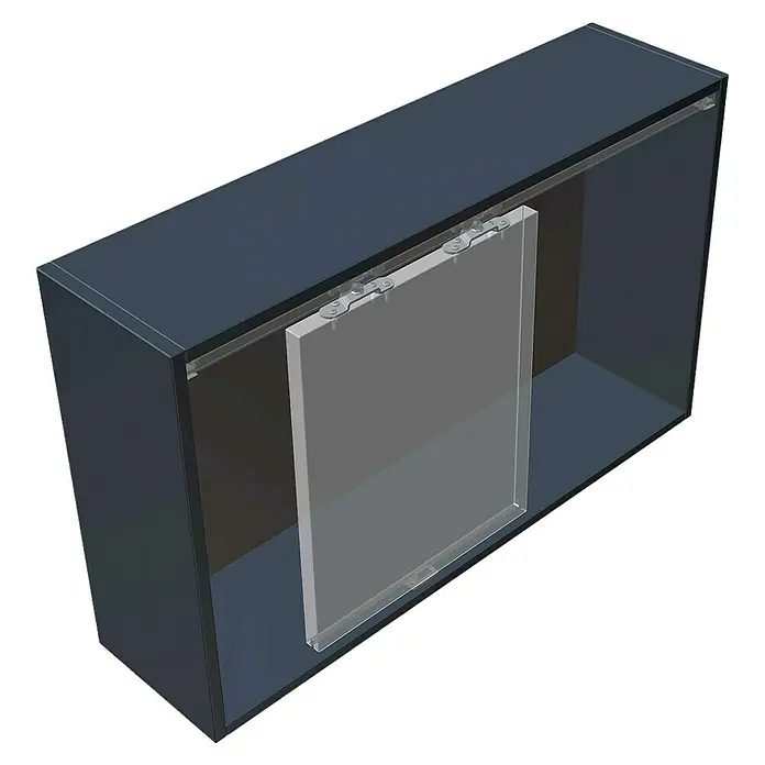 Hettich Laufschiene TopLine 8 - Länge: 2.000 mm, Traglast: 40 kg - Illustration eines Gleittürsystems in einem dunklen Gehäuse, das die Funktionalität und das Design des Produkts hervorhebt.