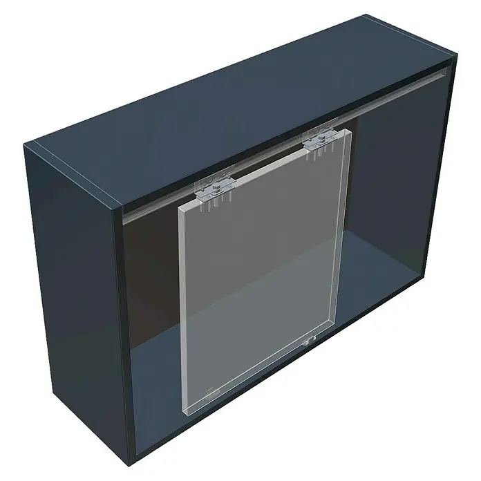 Hettich Montage-Set TopLine 3plus - Passend für: 1 Schiebetür, Traglast: 40 kg - Bild eines grauen, halb geöffneten Schubladenelements mit Beschlägen an einer dunklen Wand.