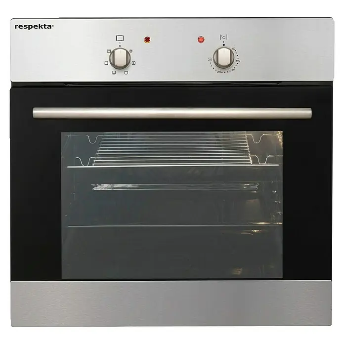Respekta Küchenzeile Oliver - Breite: 340 cm, Weiß, Mit Elektrogeräten - Hier ist ein Respekta Einbaubackofen mit silberfarbenen Bedienelementen und Griff. Der Backofen hat eine Glastür und einen schwarzen Rahmen.