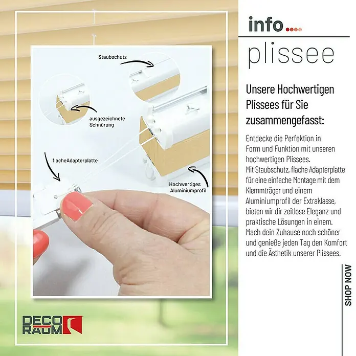 Deco-Raum Plissee ohne Bohren Basic - B x H: 95 x 150 cm, Beige - Detailaufnahme eines Plissees mit Erklärungen zu Staubschutz, Adapterplatte und hochwertigem Aluminiumprofil für einfache Montage.