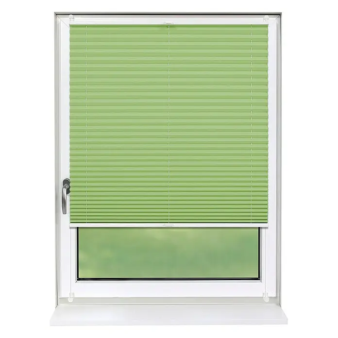 Deco-Raum Plissee ohne Bohren Basic - B x H: 85 x 210 cm, Grün - Innenansicht eines Fensters mit einem grünen Plissee-Rollo, das für Privatsphäre sorgt und das Licht reguliert.
