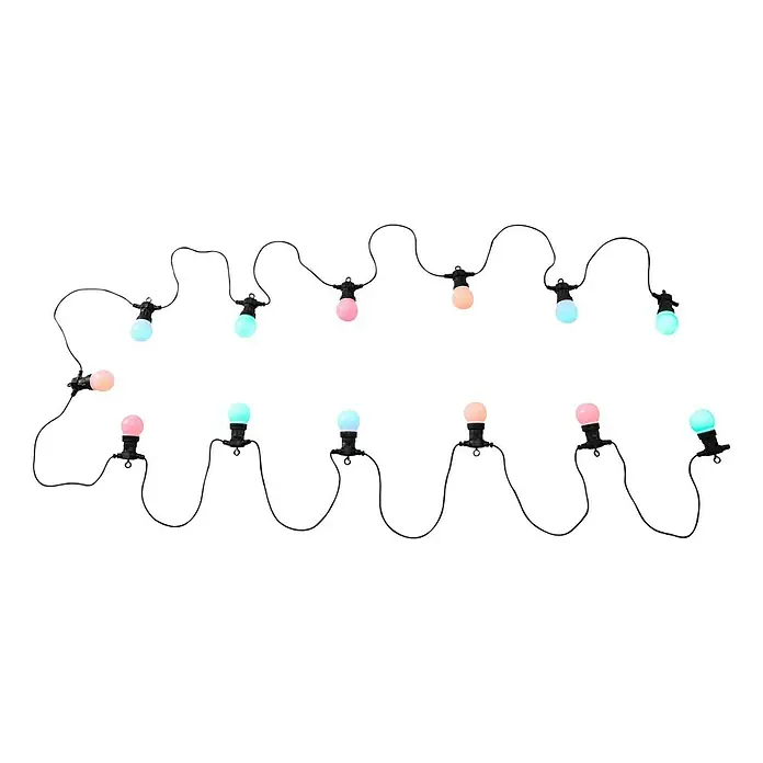 Globo LED-Party-Lichterkette - 0,54 W, 12,5 m, Bunt, Schwarz, IP44 - Eine Lichterkette mit bunten Glühbirnen in Rosa und Türkis auf einem gewundenen schwarzen Kabel. Perfekt für Partys und Dekorationen.