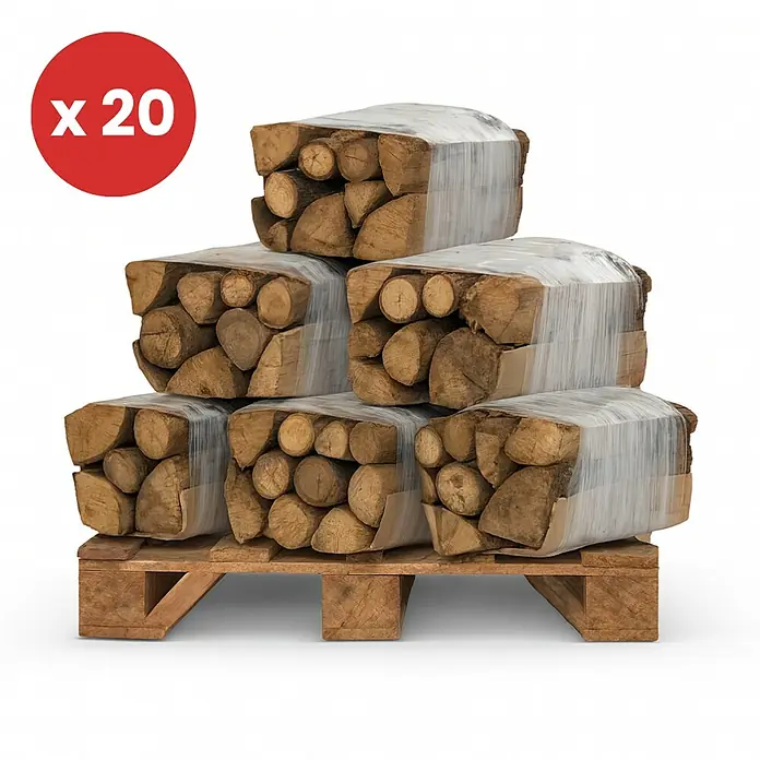 Legua Leña para encender - Roble, 300 dm³, 20 ud. - Palet de madera con 20 haces de leña seca de horno, embalados en film, ideal para calefacción.