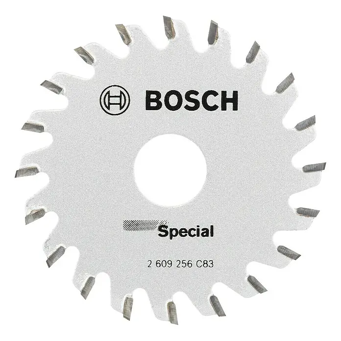 Bosch Kreissägeblatt Spezial - 65 mm, Bohrung: 15 mm, Anzahl Zähne: 20 Stk. - Abgebildet ist ein Bosch Kreissägeblatt "Special" mit gezahnten Klingen für präzise Schnitte in Holz und anderen Materialien.