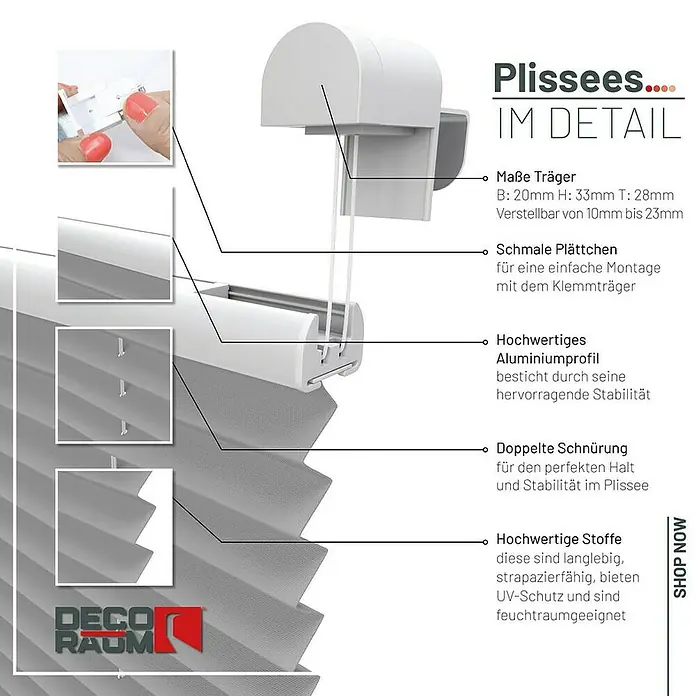 Deco-Raum Plissee ohne Bohren Basic - B x H: 40 x 150 cm, Grau - Detailaufnahme eines grauen Plissees mit Erläuterungen zu Material, Montage und Eigenschaften.