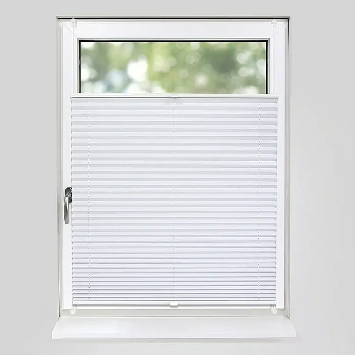 Deco-Raum Plissee ohne Bohren Basic - B x H: 115 x 150 cm, Weiß - Plissee Rollo für Fenster in Weiß, halb geöffnet, bietet Sichtschutz und lässt dennoch Licht herein.\n