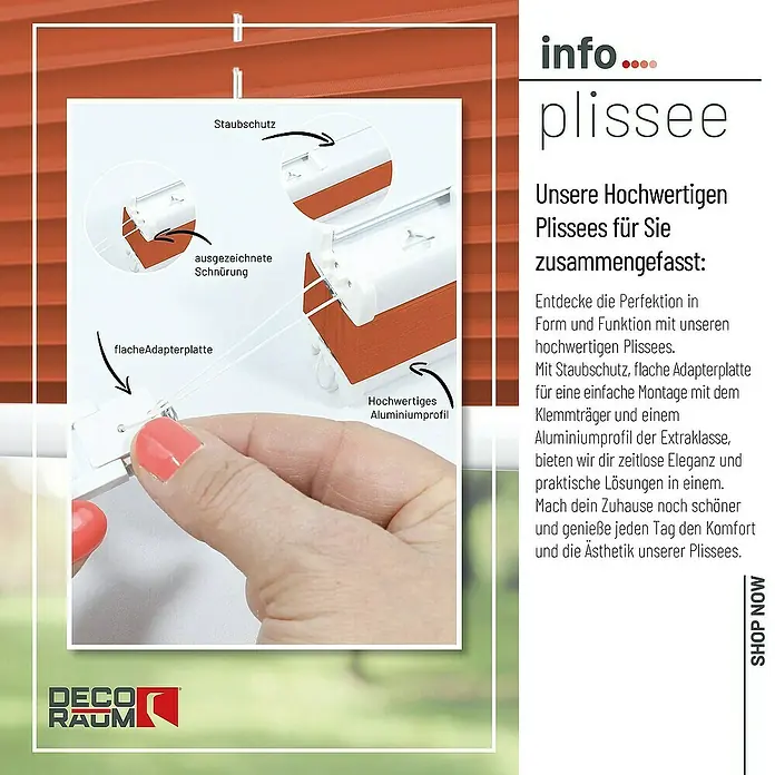 Deco-Raum Plissee ohne Bohren Basic - B x H: 80 x 150 cm, Orange - Nahaufnahme eines Deco Raum Plissees, das hochwertige Materialien und eine einfache Montage zeigt.