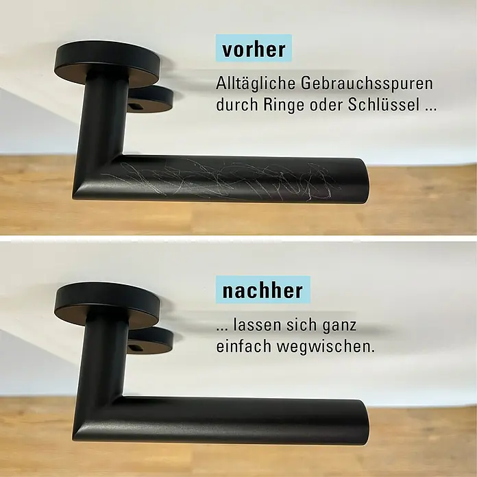 Diamond Doors Zimmertürgarnitur Black Panther L-Form Premium PVD - Stärke Tür: 38 mm - 45 mm, Profilzylinder, Edelstahl, L-Form - Vorher und nachher: Ein schwarzer Türgriff mit Kratzern, der gereinigt wurde.