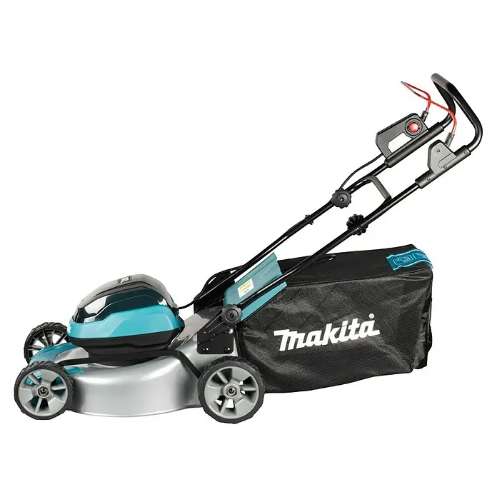 Makita LXT 18V Akku-Rasenmäher DLM466PT2 - 18 V, 2 Akkus, 5 Ah, Schnittbreite: 46 cm - Abbildung eines Makita Akku-Rasenmähers mit Grasfangkorb und verstellbarem Griff. Ideal für die Rasenpflege ohne Kabel.