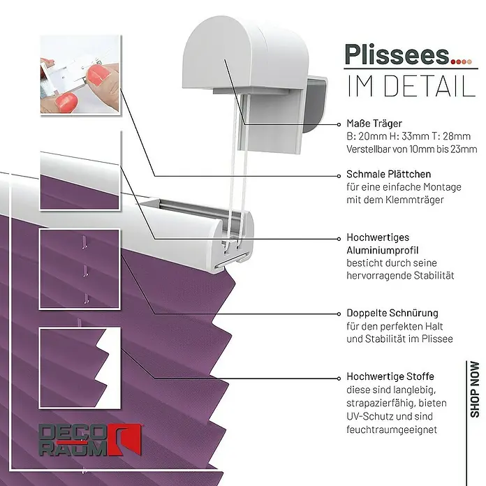Deco-Raum Plissee ohne Bohren Basic - B x H: 60 x 150 cm, Lila - Detailansicht eines lilafarbenen Plissees mit Erläuterungen zu Trägern, Plättchen, Profil, Schnürung und Stoff.