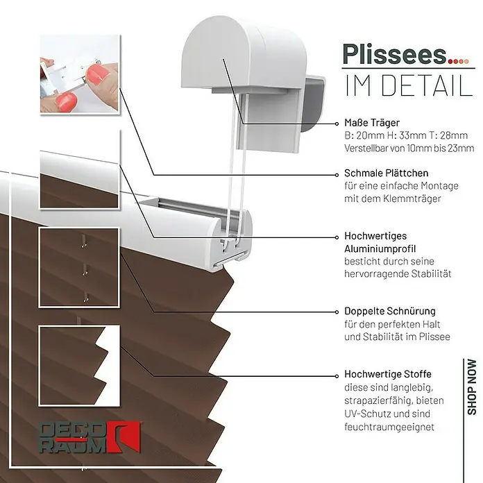 Deco-Raum Plissee ohne Bohren Basic - B x H: 105 x 150 cm, Braun - Detailansicht des braunen Plissees mit Erläuterungen zu Trägern, Plättchen, Aluminiumprofil, Schnürung und Stoff.