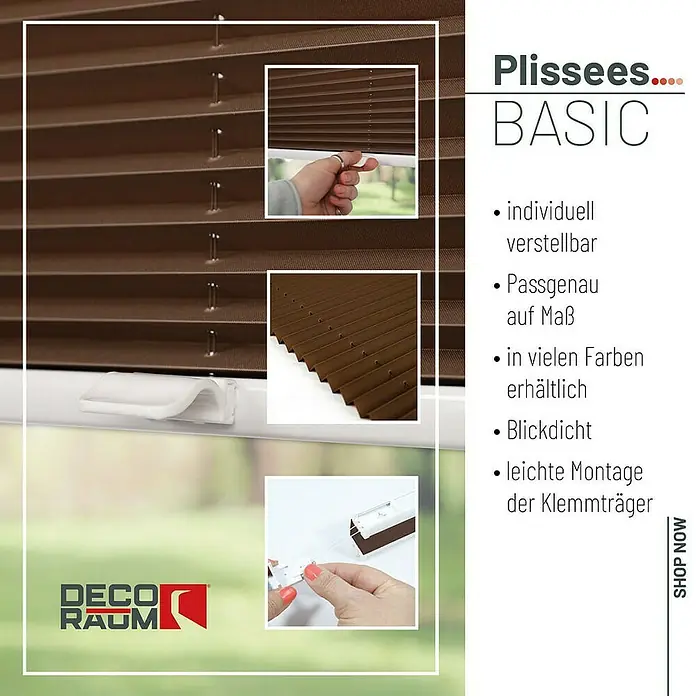 Deco-Raum Plissee ohne Bohren Basic - B x H: 105 x 150 cm, Braun - Braune Plissees BASIC mit individueller Verstellbarkeit, passgenau auf Maß und blickdicht. Leichte Montage mit Klemmträgern.