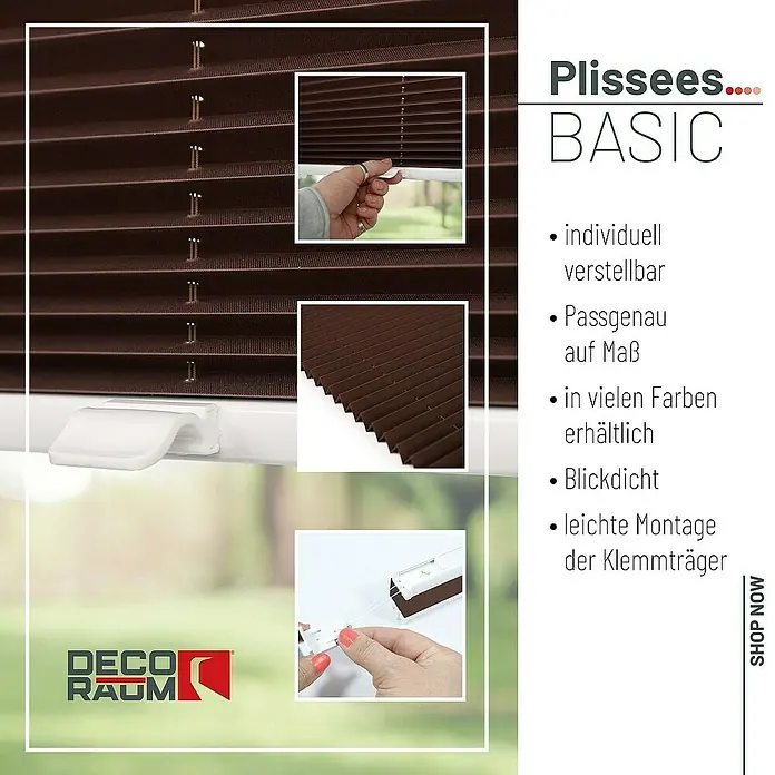 Deco-Raum Plissee ohne Bohren Basic - B x H: 100 x 150 cm, Dunkelbraun - Nahaufnahme des braunen Plissee-BASIC-Fensterbehangs mit Montagezubehör und Produktinformationen.
