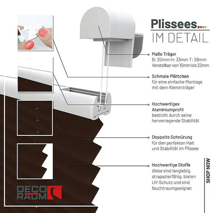 Deco-Raum Plissee ohne Bohren Basic - B x H: 100 x 150 cm, Dunkelbraun - Detailansicht eines braunen Plissees mit weißen Beschlägen, das hochwertige Stoffe, UV-Schutz und Feuchtraumeignung bietet.