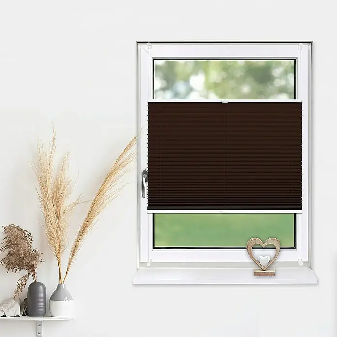 Deco-Raum Plissee ohne Bohren Basic - B x H: 100 x 150 cm, Dunkelbraun - Braune Faltstores am Fenster bieten Sichtschutz und dekorieren den Raum mit Pflanzen und Herzstück.