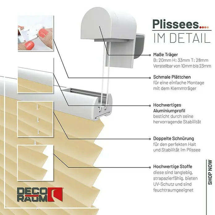 Deco-Raum Plissee ohne Bohren Basic - B x H: 115 x 150 cm, Beige - Nahaufnahme eines beigen Plissees mit Details zu Trägern, Aluminiumprofil, doppelter Schnürung und hochwertigen Stoffen für optimalen Halt.