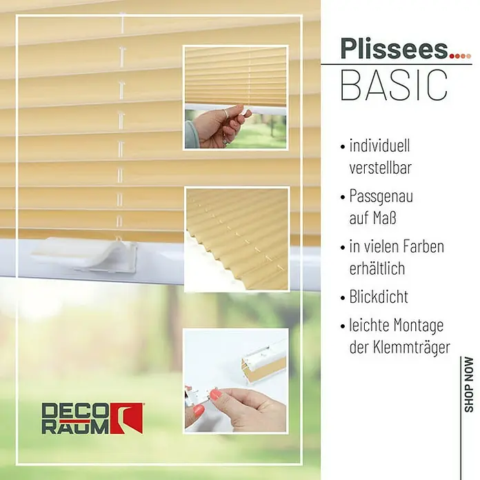 Deco-Raum Plissee ohne Bohren Basic - B x H: 115 x 150 cm, Beige - Das Bild zeigt ein beiges Plissee "Basic" mit Details zur Verstellbarkeit und Montage, präsentiert auf einem Werbebild mit Produktinformationen.